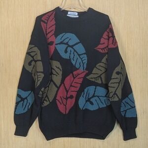 IZOD CLUB Mens Knit Sweater Large‎ Black Leaf Hand Intarsia 100 Cotton Vtg Retro
